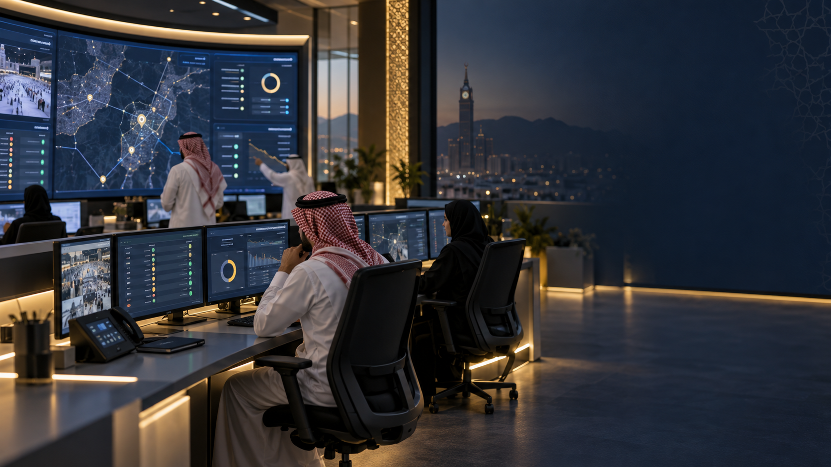 موظفة من معين تستخدم جهازاً لوحياً أثناء مساعدة حاج